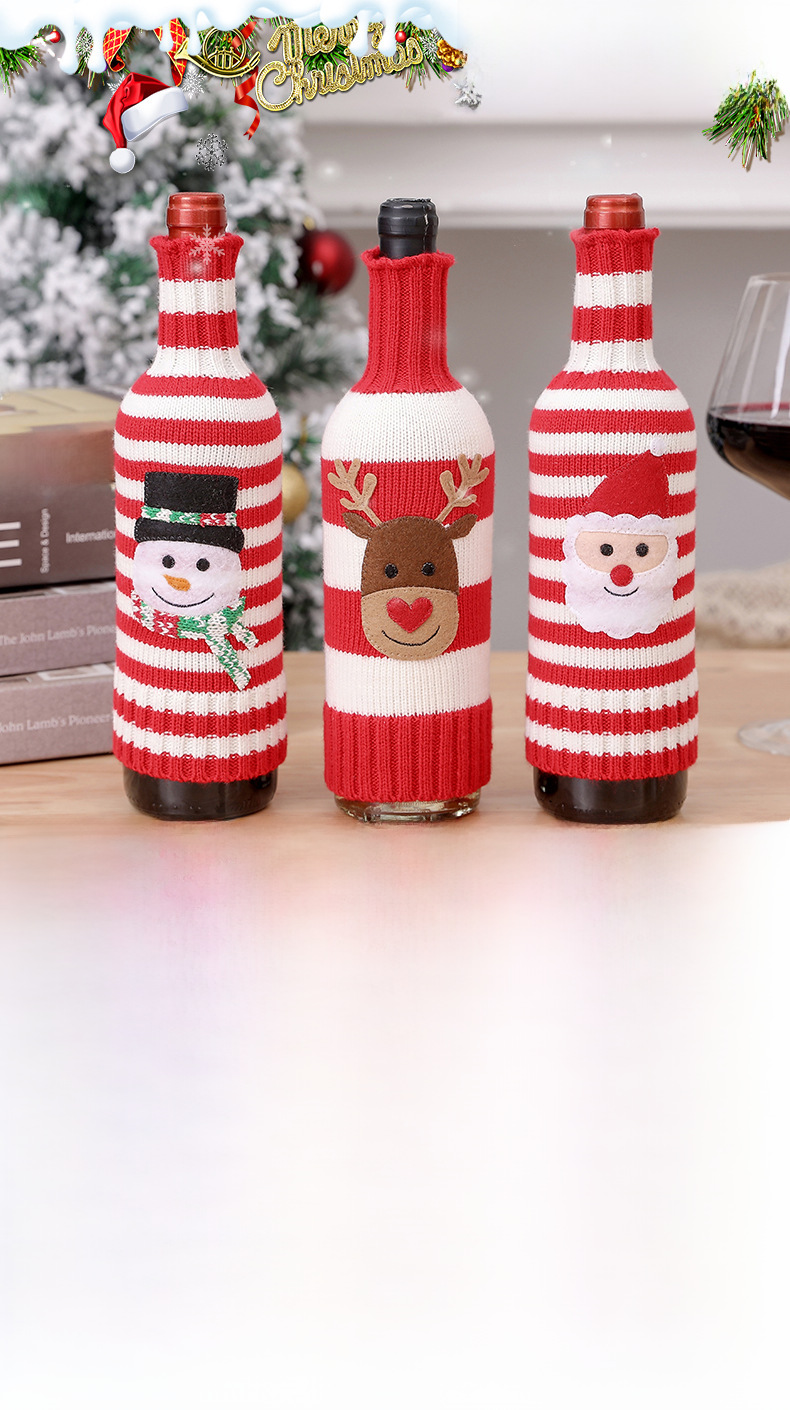 Neu Weihnachtsschmuck Wolle Acryl Gestrickte Gestreifte Weinflasche Set Elch Schneemann Wein Champagner Flasche_voghion.com