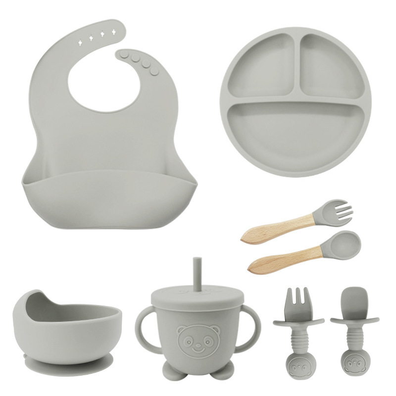 Eight-piece set (115g Bib + suction cup + bowl + straw cup + wooden fork spoon + bear fork spoon): smoky gray