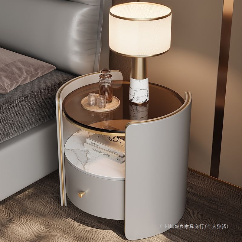 Round Bedside Table Solid Wood High-End Italian Home Slate Simple Light Luxury Bedroom Modern New Storage Bedside Table