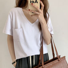V领短袖T恤女2024夏新款韩版宽松口袋洋气体桖设计感棉白色上衣