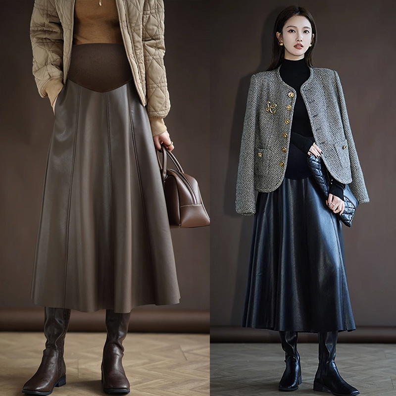 Pregnant Women Autumn and Winter High Quality Leather Skirt Pleated A- line Skirt Pocket Large Swing Umbrella Skirt Belly Support Long Skirt Pregnant Women Autumn and Winter High Quality Leather Skirt Pleated A- line Skirt Pocket Large Swing Umbrella Skirt Belly Support Long Skirt