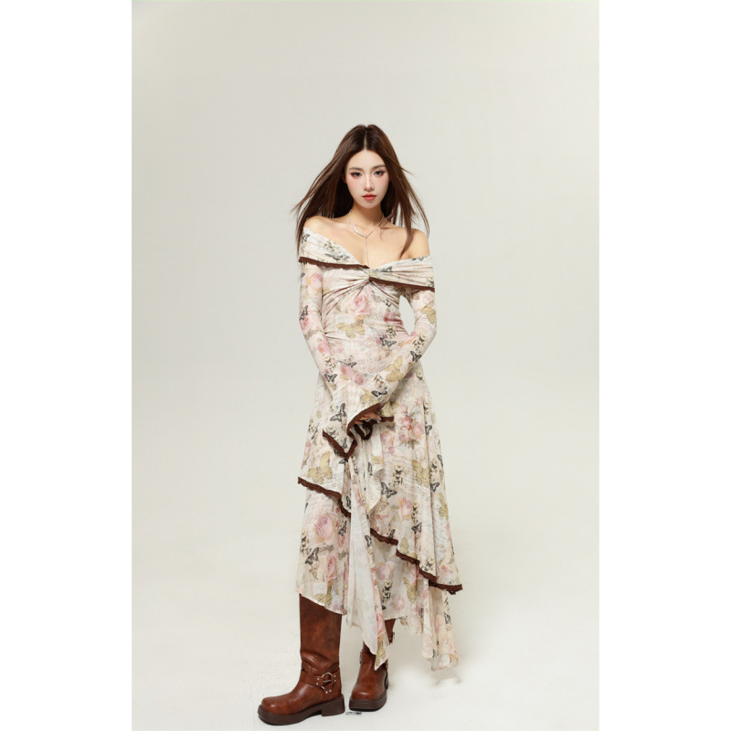 Rose Butterfly Print One-Shoulder Dress with Irregular Hem and a Stylish Vibe for a Hot Girl Look Rose Butterfly Print One-Shoulder Dress with Irregular Hem and a Stylish Vibe for a Hot Girl Look