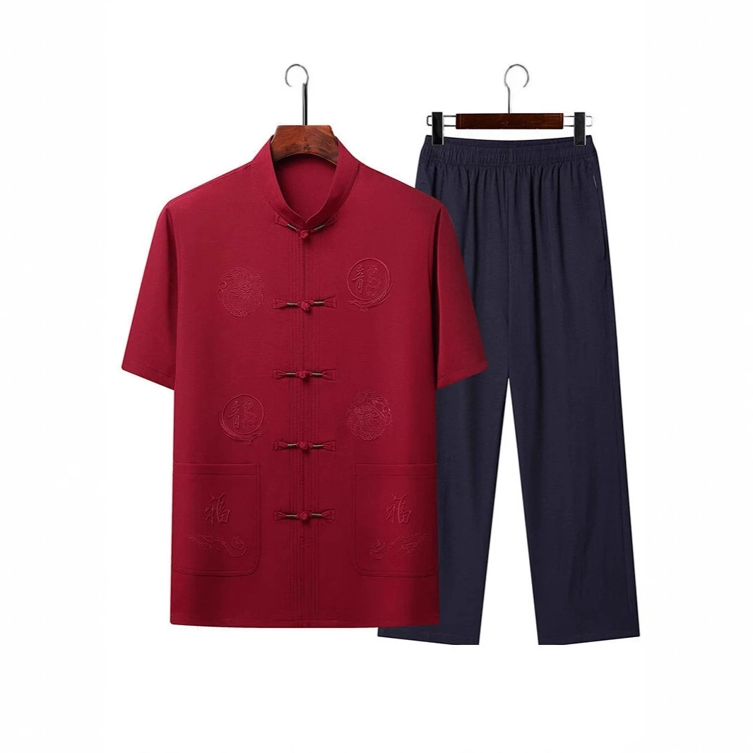 Летний костюм для мужчин среднего и пожилого возраста в стиле тан, 2025, короткий рукав, китайский стиль, для папы и дедушки