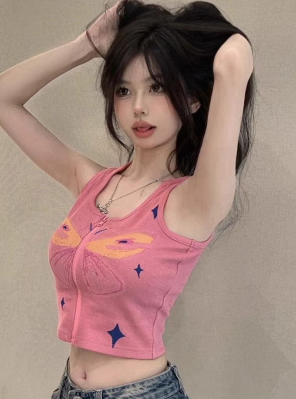 Ins Sexy Short Navel-Baring Printed Zipper Vest Women's T-Shirt Summer Outer Wear Sexy Pure Desire Fashion Sleeveless Top Women