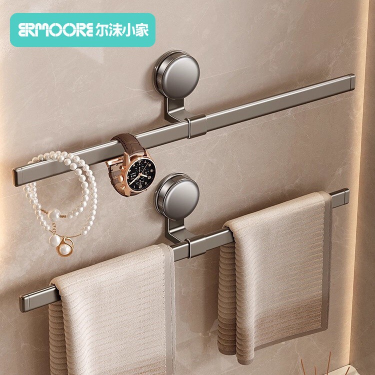 Light Luxury Suction Cup Toilet Towel Rack Punch-free Hanging Towel Bar Minimalist Gun Grey Single Bar Bathroom Storage Shelf