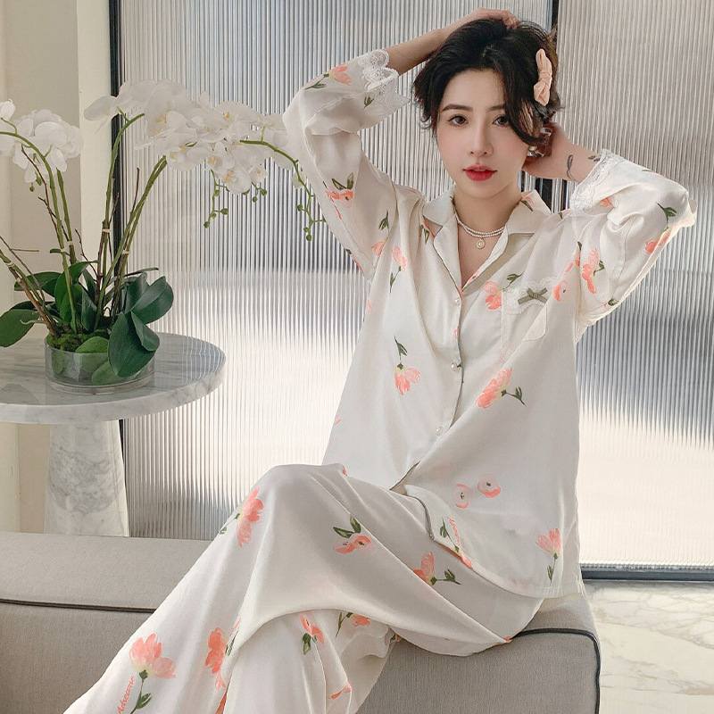 Ice Silk Pajamas for Women 2025 New Summer Long-Sleeved Thin Fashion Simple Small Fresh High-End Home Wear Spring & Fall