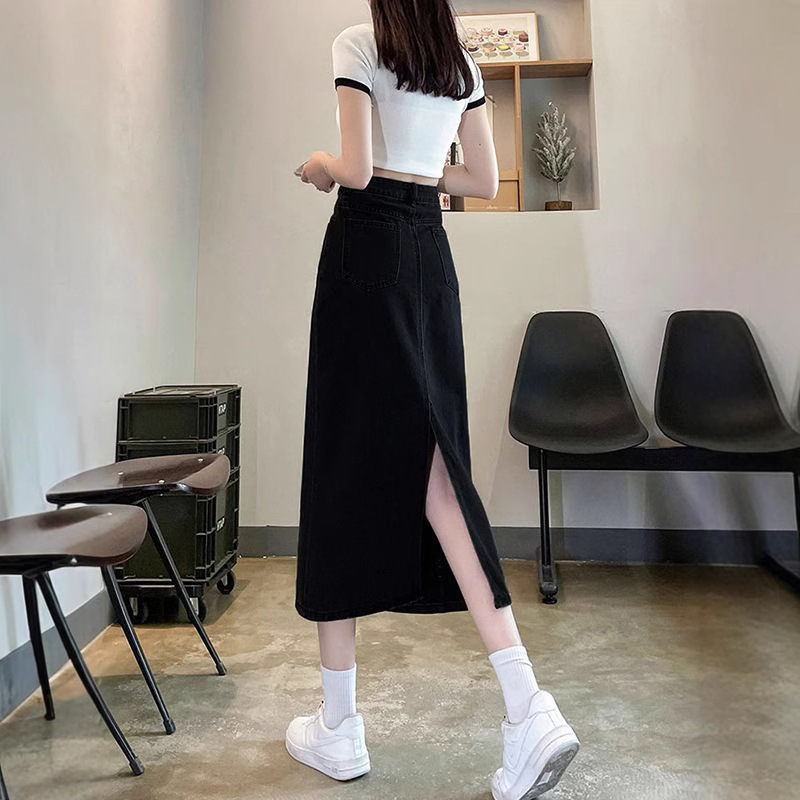Retro Slit Straight Denim Skirt for Women 2025 Spring & Fall High-Waisted Slimming Look Black A-Line Hip-Covering Mid-Length Skirt