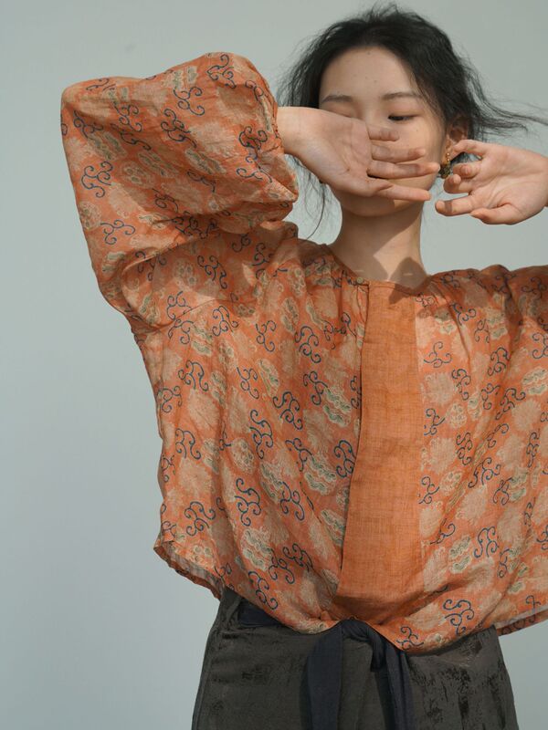 Original Retro New National Fashion Contrast Color Loose Classical Shirt Song Lantern Sleeve Ramie Cardigan S24175