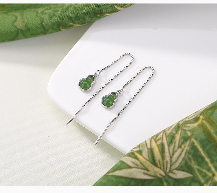 Khuyên tai dài bạc S925 mạ vàng đá Jasper hình bầu Fulu phong cách Trung Hoa — Mẫu bạc chi tiết 4