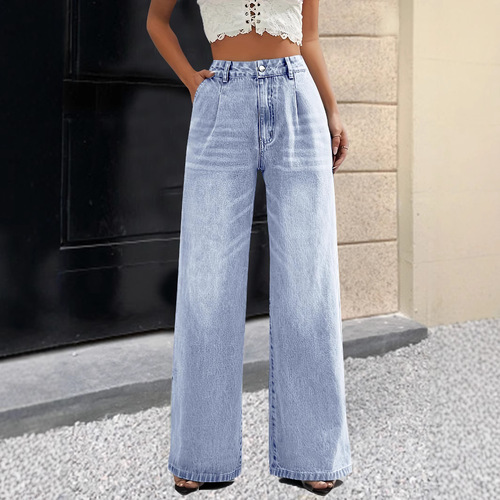 Bestselling European and American Women's Jeans Amazon Washed High Waist Loose Straight Leg Wide Leg Versatile Fashion
