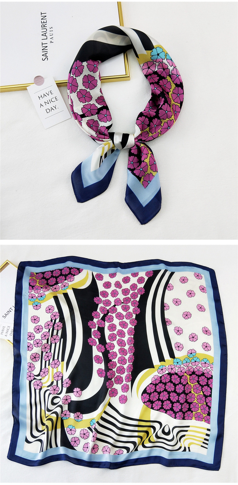 50g Weight Silk Scarf Classification Travel Occasion Silk Material Unisex Gender Printing Design Sweet Style Khaki, Grey, Purple, Red, Green, Blue, Camel, Yellow, Black Color Korean Printing Silk Square Scarf Wholesale 8