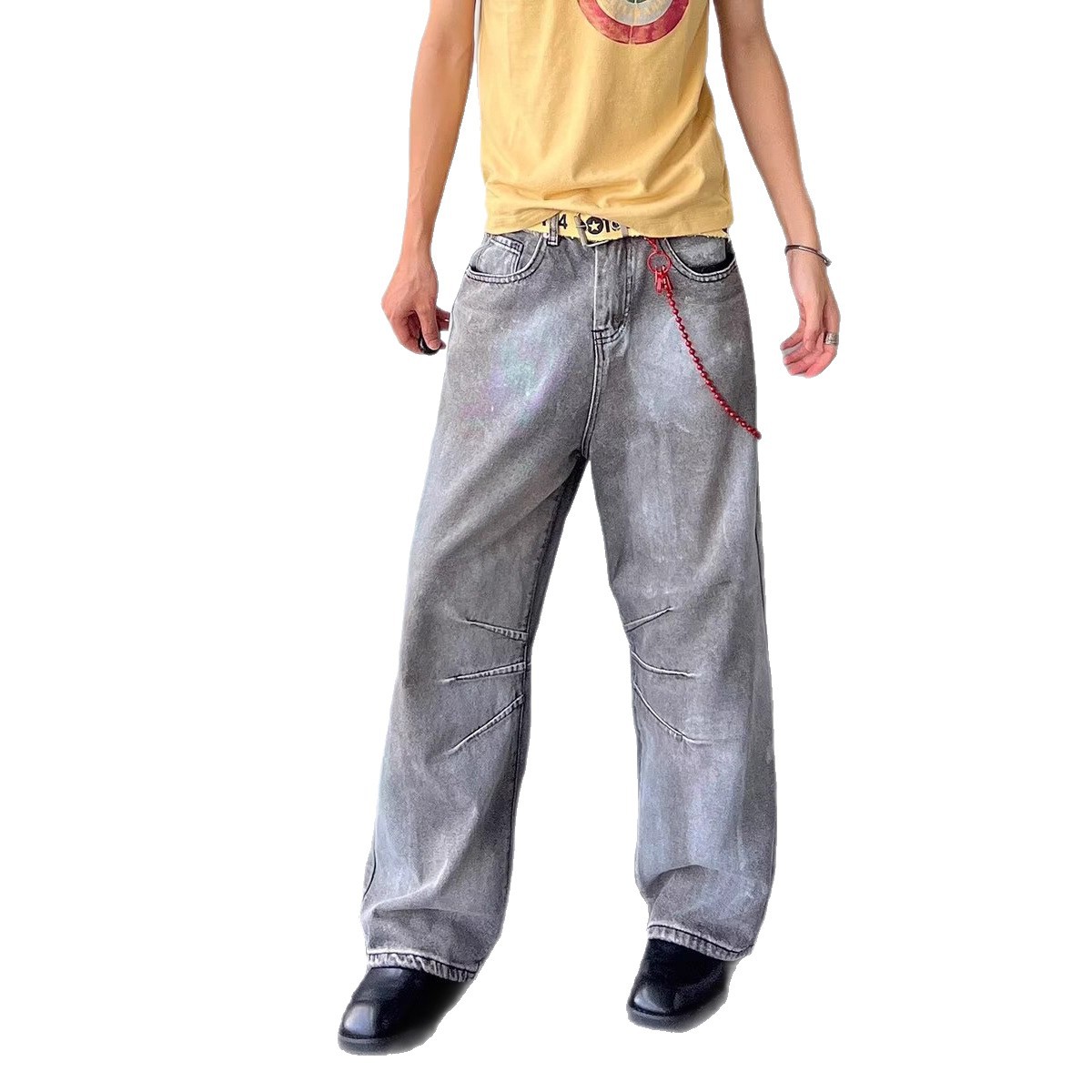 American Vintage Heavy Wash Light Gray Faded Jeans Unisex High Street Loose Fit Wide Leg Straight Pants_mkmklike.com