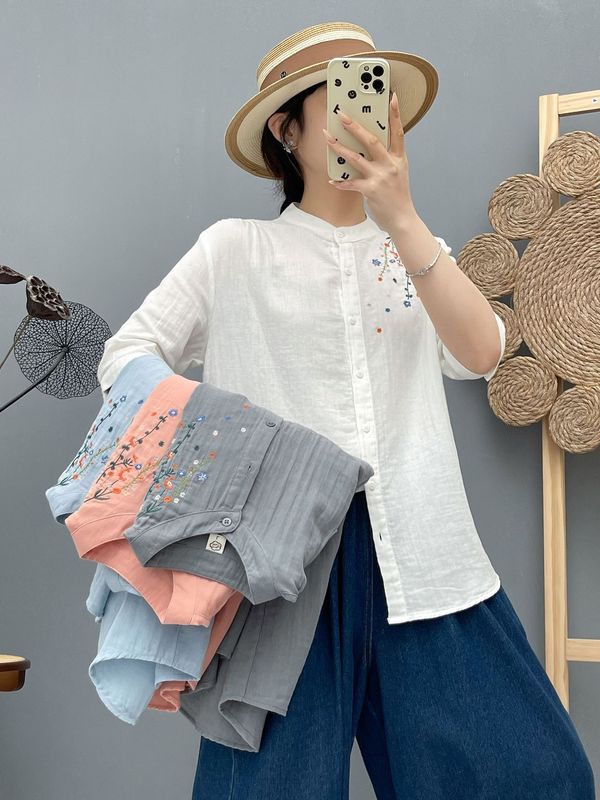 工場直販二層綿ガーゼ七分袖シャツ女性の夏の新しいスタンドカラー刺繍綿ミッドスリーブシャツ|undefined