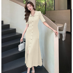 2025 Summer Japanese and Korean Version Women's Polo Collar Short-Sleeved Sweater Dress Knitted Dress Waist Slimming Look Long Skirt 6841