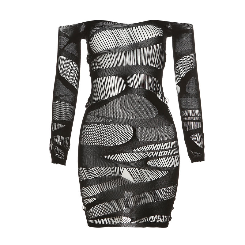 Off Shoulder Long Sleeve Bodycon Dress Sexy Mesh Fabric Slim Fit Fashionable Design Nightclub Wear for Spring Summer