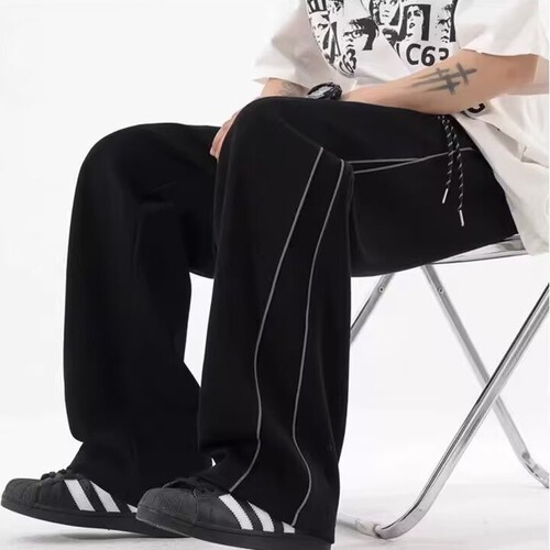2025 Autumn/Winter New Fleece American Reflective Striped Wide Leg Casual Pants for Men Trendy Loose Straight Leg Pants
