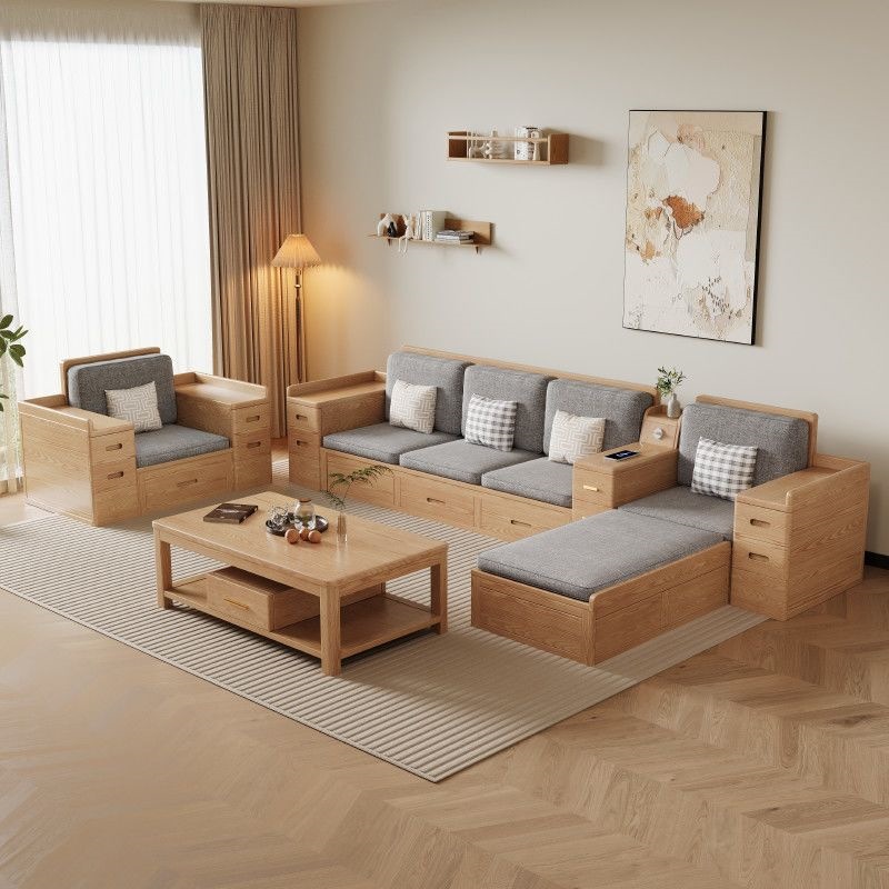 Ash wood sofa, modern minimalist natural wood color furniture, suitable for both winter and summer, for large and small living rooms, complete home storage set