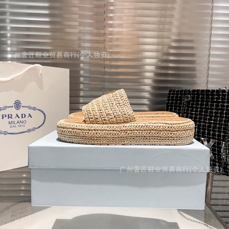 In Stock! Y Version 2024 New P Family Thick-Soled Woven Slippers for Women's Outer Wear Straw Sponge Cake Sole Casual and Versatile