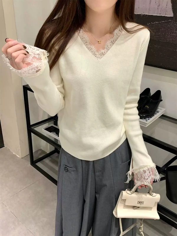 韩系气质温柔蕾丝拼接针织打底衫女早秋冬v领高级感内搭长袖上衣|undefined