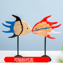 zakka实木雕刻亲吻鱼情侣鱼 家居装饰品木坊直销创意家居摆件