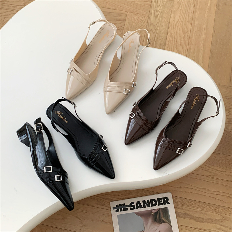 2024春秋新款后空单鞋女小皮带扣尖头细跟凉鞋百搭弯跟漆皮高跟鞋
