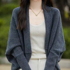 洋气时尚百搭纯色翻领蝙蝠袖披肩上衣女秋季宽松百搭针织开衫外套