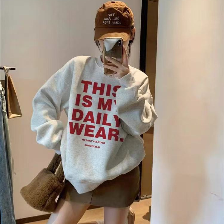 美式复古字母印花圆领卫衣女2025新款春秋宽松慵懒风加绒加厚上衣|undefined