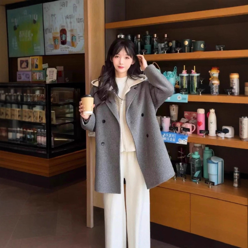 2025 Autumn/Winter New Double-Sided Wool Coat, Mid-Length Double-Breasted with Fur Collar, Two-Piece Set with Vest, Casual Commute Wear