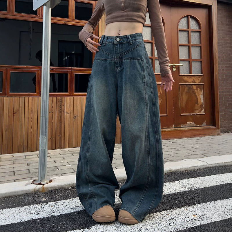 Cross-border high street split-cut wide-leg jeans, vintage washed raw hem high-waisted loose denim with a drapey feel Cross-border high street split-cut wide-leg jeans, vintage washed raw hem high-waisted loose denim with a drapey feel