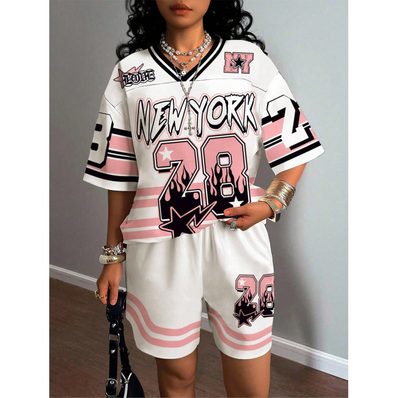 Collar transfronterizo impresión personalizada moda casual camiseta suelta de dos piezas juego de fútbol callejero americano
