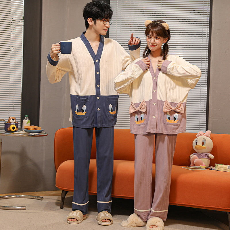 Pijamas de pareja de Mujeres de primavera y otoño de algodón de manga larga de los hombres más tamaño prendas de vestir exteriores cardigan simple