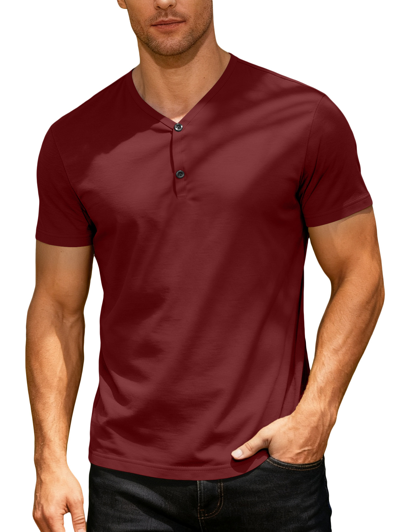 2025 TEMU transfronterizo hombre europeo y americano color sólido cuello V transpirable sudor deportivo casual ligero camiseta de manga corta regular