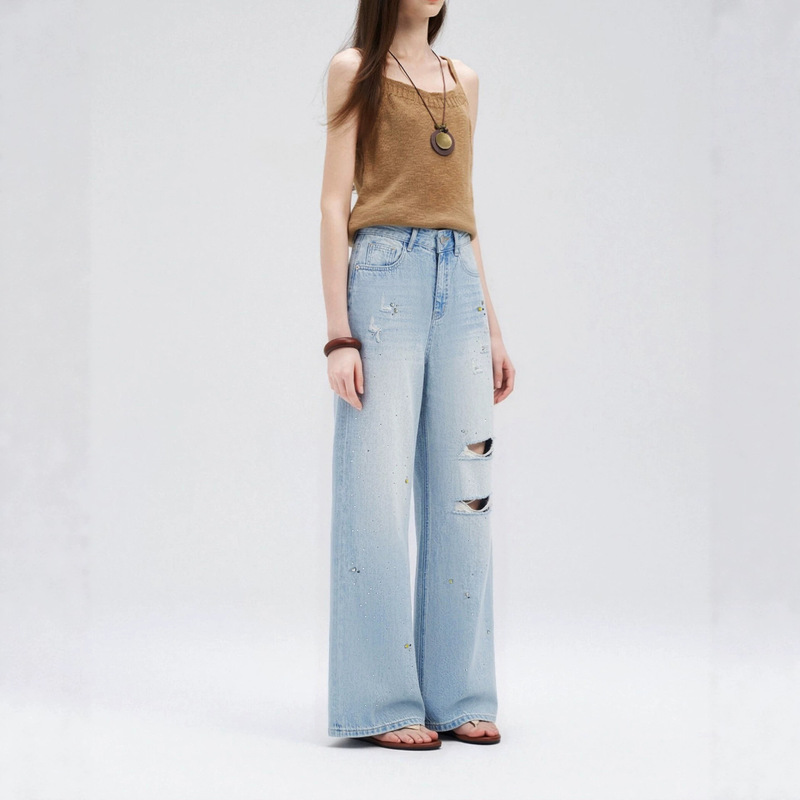 Heavy-duty vintage women's ripped jeans with rhinestones, summer thin style, loose fit, versatile, slimming, straight-leg, wide-leg, long pants Heavy-duty vintage women's ripped jeans with rhinestones, summer thin style, loose fit, versatile, slimming, straight-leg, wide-leg, long pants