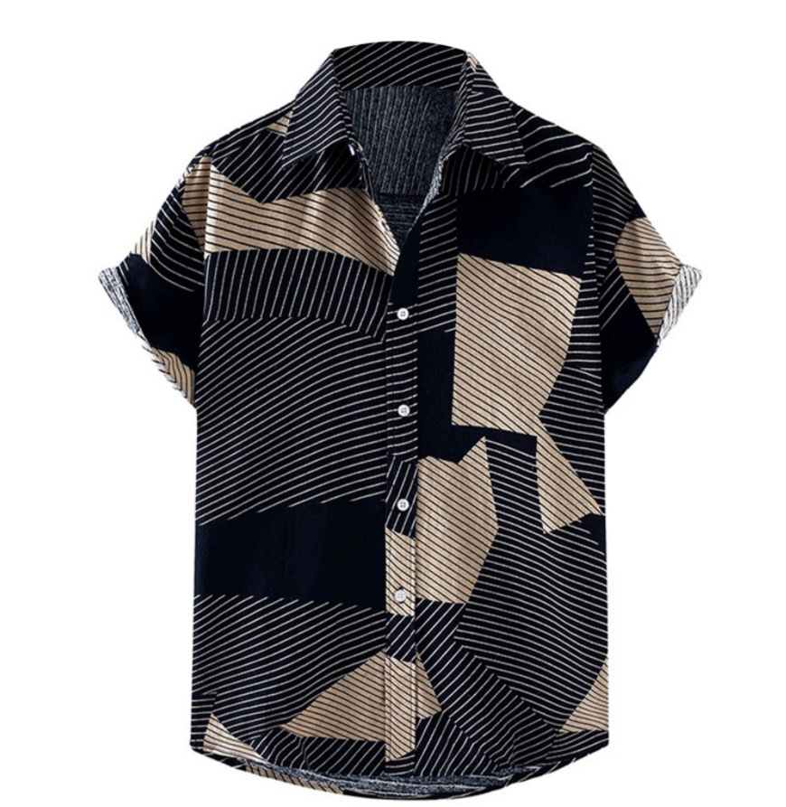 Comercio exterior transfronterizo de los hombres primavera europea y americana nueva solapa impresa en 3D manga corta a rayas retro camisa casual hombres al por mayor