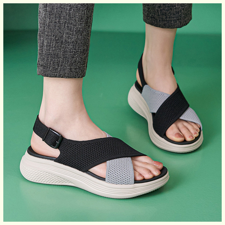 Sandal nữ quai chéo dệt kim phối dây rút, đế MD nhẹ êm — màu be, màu đen, xanh lam, màu hồng chi tiết 3