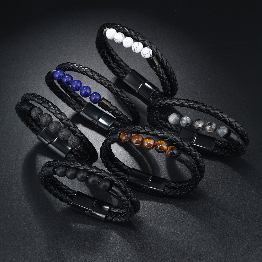 21g Weight Bangle Classification Pu Leather Chain Material 1 Piece Quantity Daily Occasion Pu Leather, Alloy Material Geometric Pattern All Seasons Season Men's Gender Beaded, Handmade Design Vintage Style, Punk Style Vintage Style Punk Geometric Pu Leather Alloy Beaded Handmade Men's Bangle Men Cord & Leather Bracelets 21