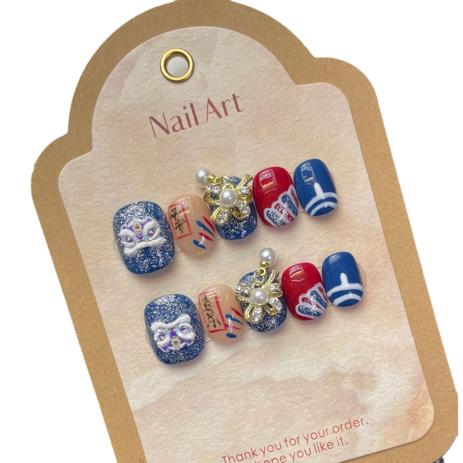 Hecho a mano desgaste de uñas ojo gato Xingshi seguro feliz perla colgante festivo Blanco Primavera Festival manicura al por mayor