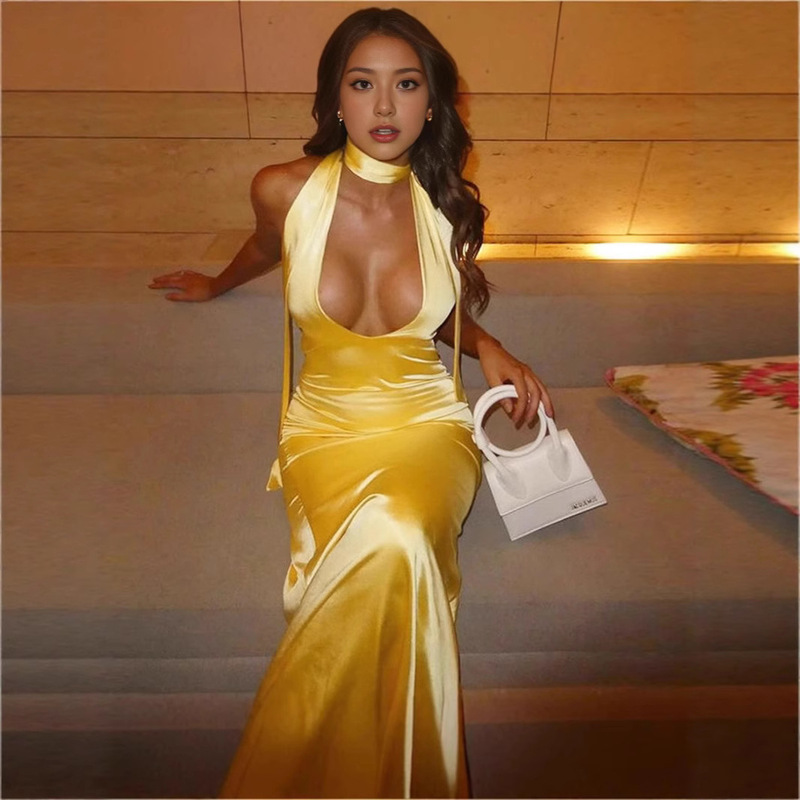 European and American Cross-Border Fashion Elegant Sexy Sexy Lv Women's Pure Color Glossy Cut Out Deep V Long Skirt Dress European and American Cross-Border Fashion Elegant Sexy Sexy Lv Women's Pure Color Glossy Cut Out Deep V Long Skirt Dress