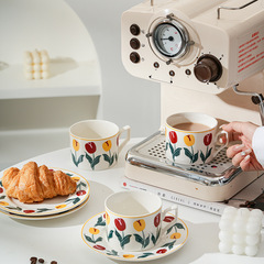 手描き中古チューリップコーヒーカップセット陶磁器カップマグカップins高颜値アフタヌーンティークリエイティブカップ皿
