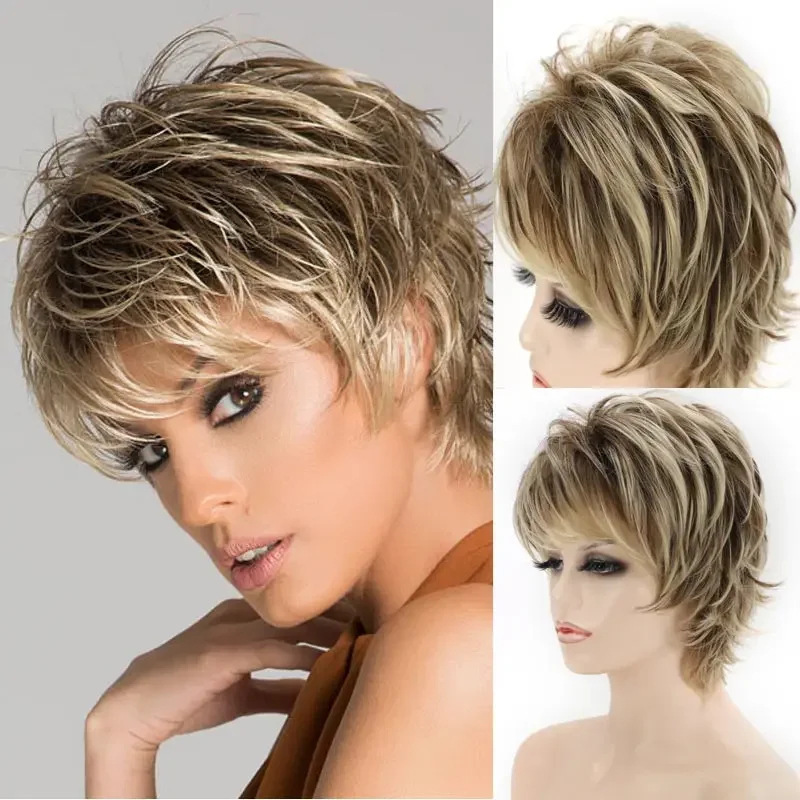 Women Fashion Short Synthetic Wig Pixie Cut Blonde Gradient Hair Costume Party Wig for Women
