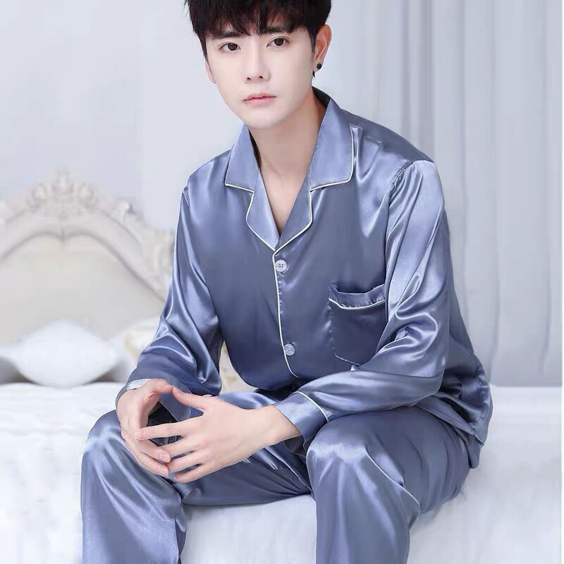 Men's pajamas men's spring and autumn ice silk long sleeve youth summer artificial silk plus size home wear spring and autumn