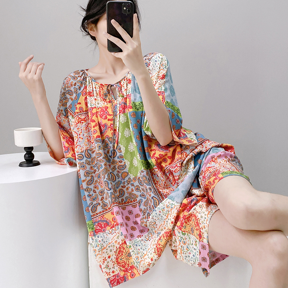 Cotton Silk Pajamas for Women Summer Short-Sleeved Shorts Large Size Internet Celebrity Print Suit Spring & Fall High-End Accessible Luxury Home Clothes
