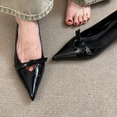 羊皮法式气质内增高镂空浅口单鞋女一脚蹬尖头鞋子蝴蝶结玛丽珍鞋