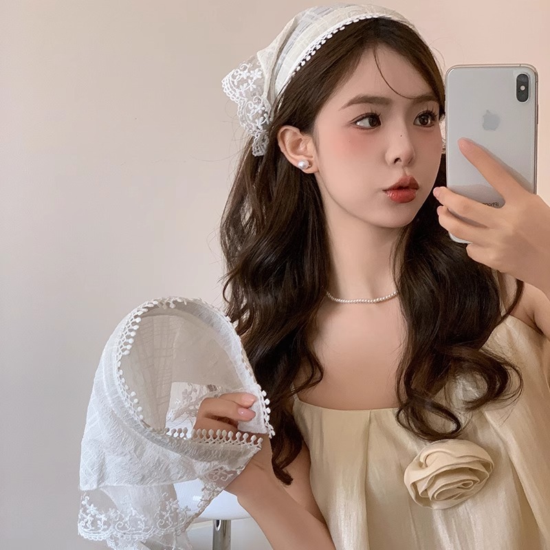 Diadema de encaje blanco, pañuelo para la cabeza, sombrero de toalla cuadrada de una pieza, estilo pastoral, tocado de playa, bufanda triangular francesa para mujer, accesorios para el cabello