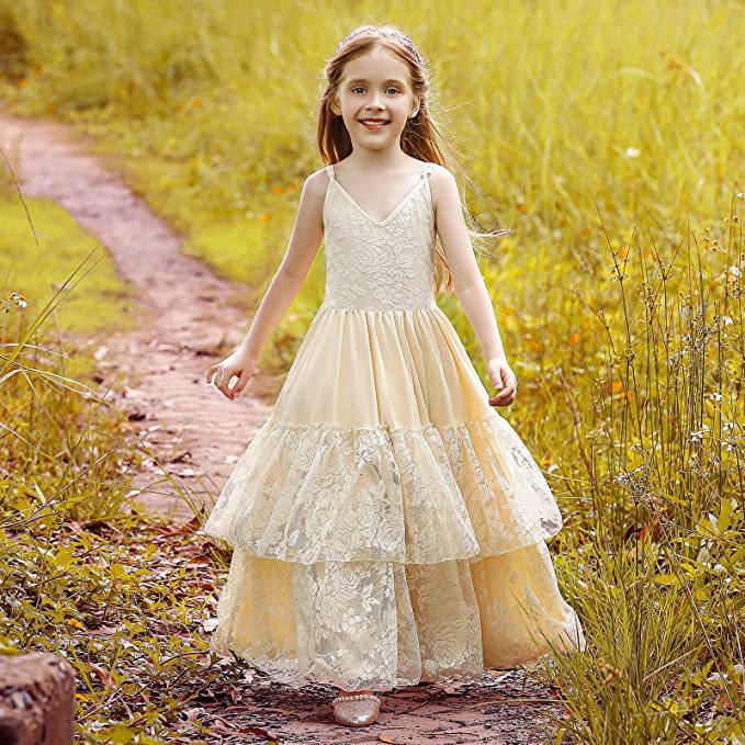 Nuevo comercio exterior transfronterizo niño lindo vestido de cuello en V sin mangas espalda de encaje espectáculo de cumpleaños flores vestido pequeño