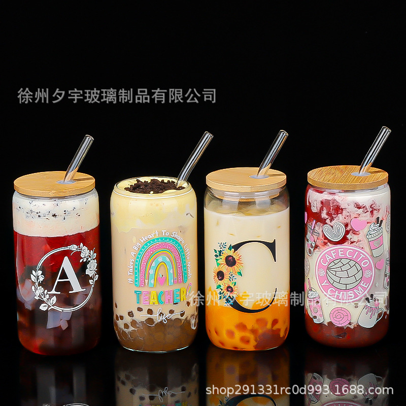 Cross-Border Amazon New Internet Celebrity Coke Cup 16oz Mason Cup Bamboo Lid Glass Juice Cup with Straw Can Be Customized