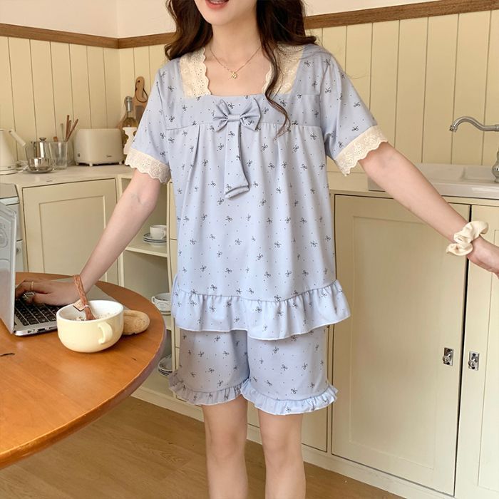 Venta al por mayor transfronteriza nueva versión coreana de encaje imitación algodón traje pijamas encaje verano chica pantalones cortos de manga corta traje de servicio a domicilio