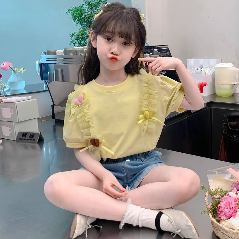 女童夏装T恤2025新款儿童洋气韩版女孩夏季短袖纯色宽松休闲上衣t