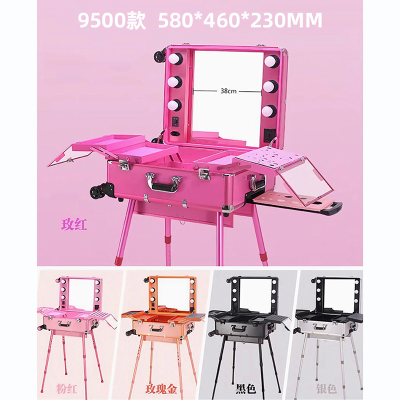 Actualización de la caja de maquillaje con soporte de varilla de tracción de lámpara, maquillaje profesional con maquillaje, bordado de manicuras, belleza portátil, gran capacidad