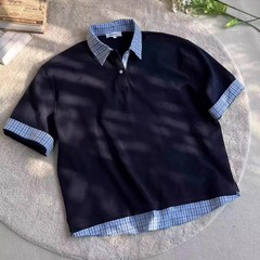 紺色の偽の2つのパッチワークpolo襟半袖シャツ男女夏アメリカ学院風tシャツiu系